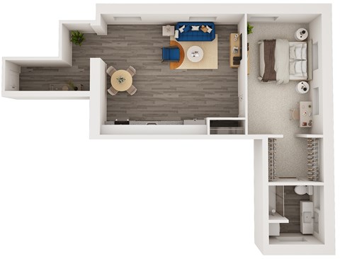 A top-down view of a modern apartment with a kitchen, living room, and bedroom.